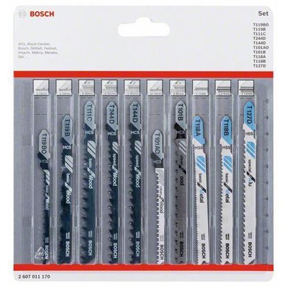 Снимка на Ножчета за прободен трион Bosch к-кт 10 части за дърво и метал: T119BO; T119B; T111C; T244D; T144D; T101AO; T101B; T118A; T118B; T127D;2607011170