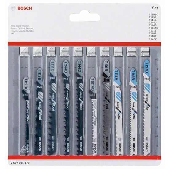 Снимка на Ножчета за прободен трион Bosch к-кт 10 части за дърво и метал: T119BO; T119B; T111C; T244D; T144D; T101AO; T101B; T118A; T118B; T127D;2607011170