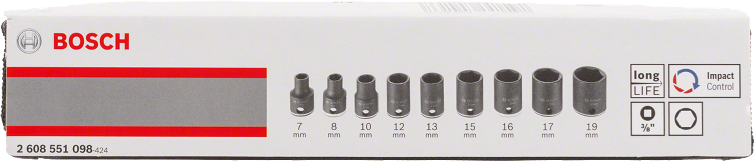 Снимка на  Комплект вложки за глух ключ, 9 части;30 mm; 7, 8, 10, 12, 13, 15, 16, 17, 19 mm;3/8";2608551098