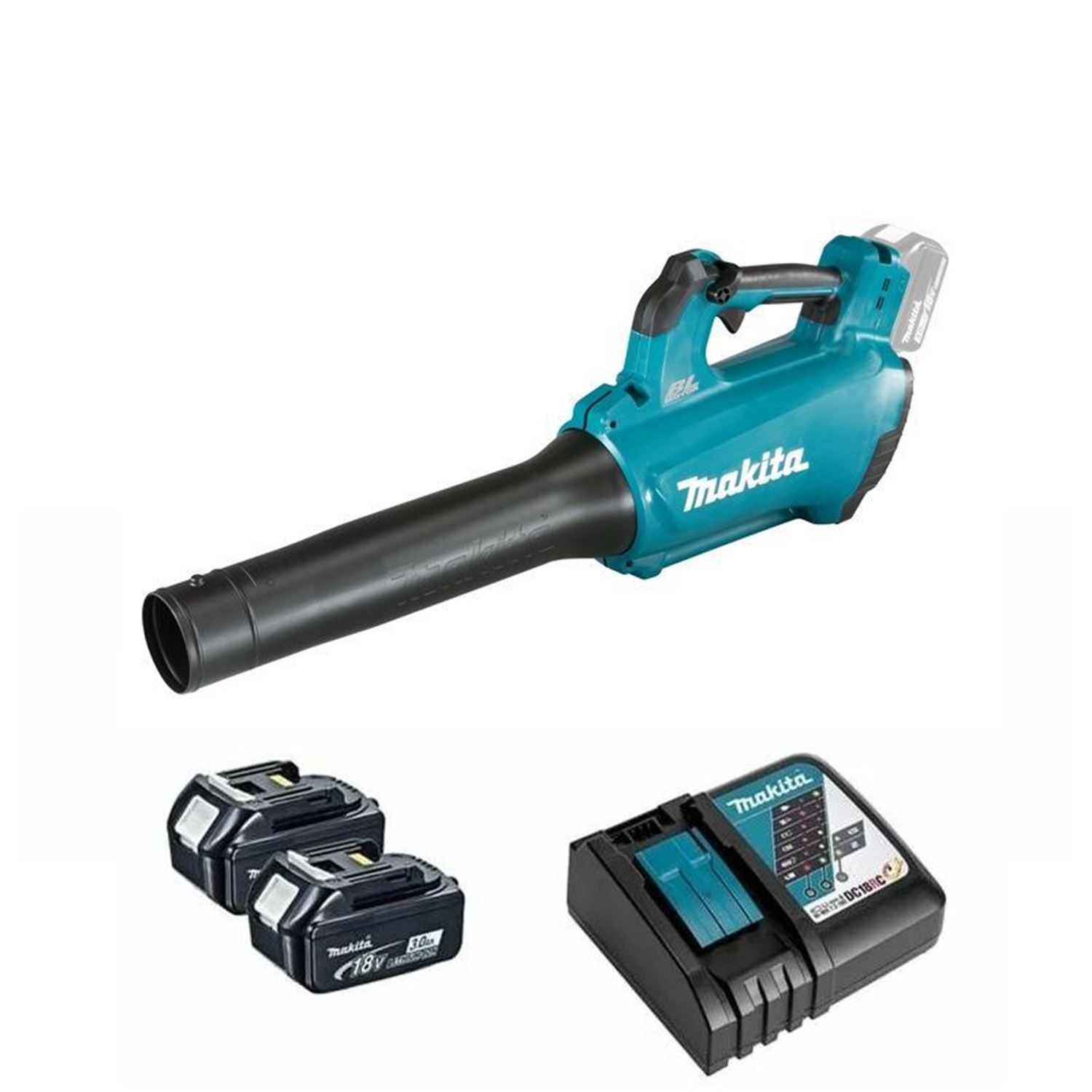 Снимка на Акумулаторна въздуходувка Makita DUB184Z,18V, 52,1 m/s, 13 m³/min, Бат. 2Х BL1830B 3.0Ah, DC18RC к-кт