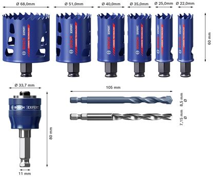 Снимка на EXPERT Универсален комплект карбидни боркорони Tough Material, 8 части, дълбочина 60 мм,2608900446,Bosch