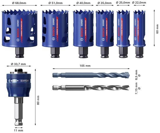Снимка на EXPERT Универсален комплект карбидни боркорони Tough Material, 8 части, дълбочина 60 мм,2608900446,Bosch