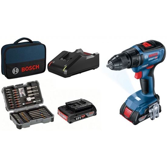 Снимка на Акумулаторен винтоверт BOSCH GSR 18V-50, 2x2Ah, Консумативи, Чанта, 06019H5004